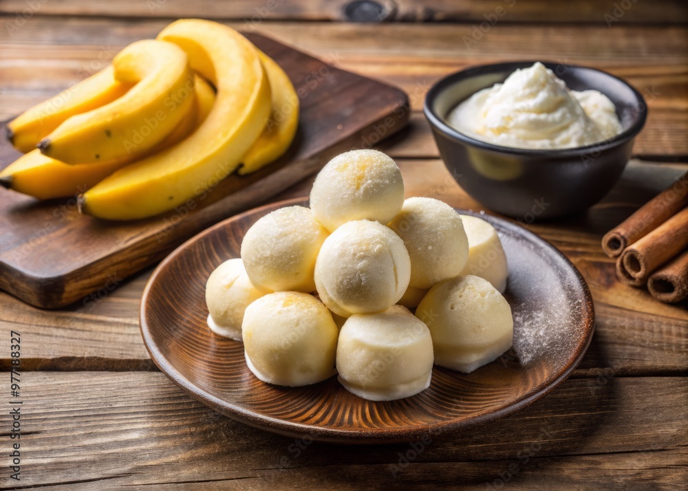 A plate of Banku dough balls, served with a side of sliced banana and a dollop of whipped cream
