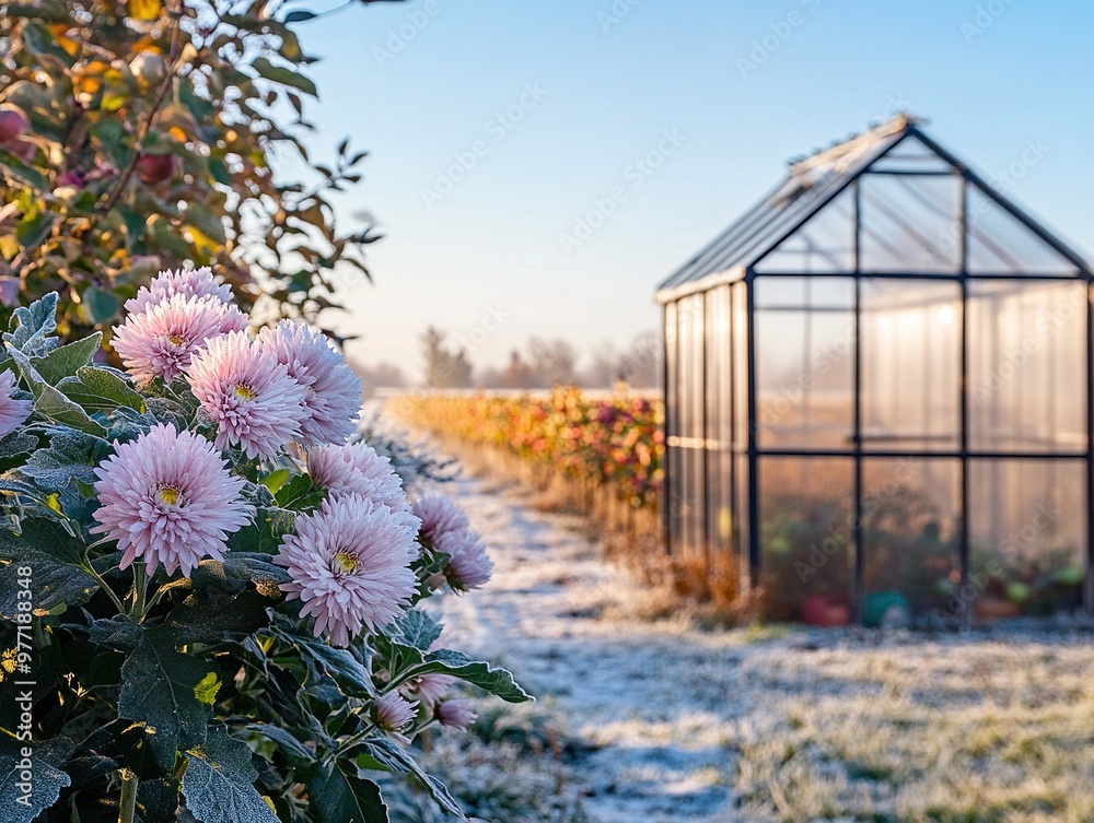 A small glass greenhouse in the garden of an old country house. Above, a clear blue sky. In front, pink chrysanthemums and grass covered with frost. A small glass greenhouse in the garden of an old country house. Above, a clear blue sky. In front, pink chrysanthemums and grass covered with frost.