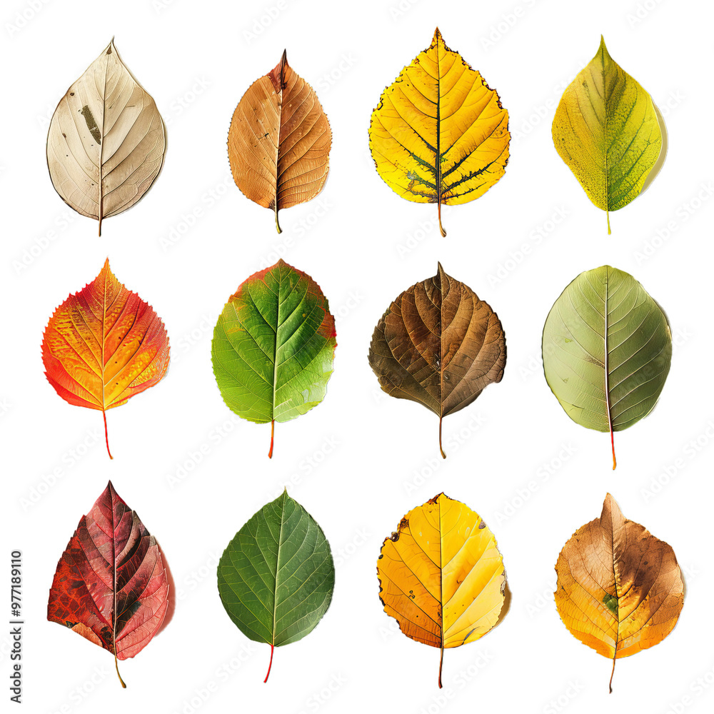 Fototapeta premium Twelve colorful autumn leaves in different stages of aging, isolated on white background