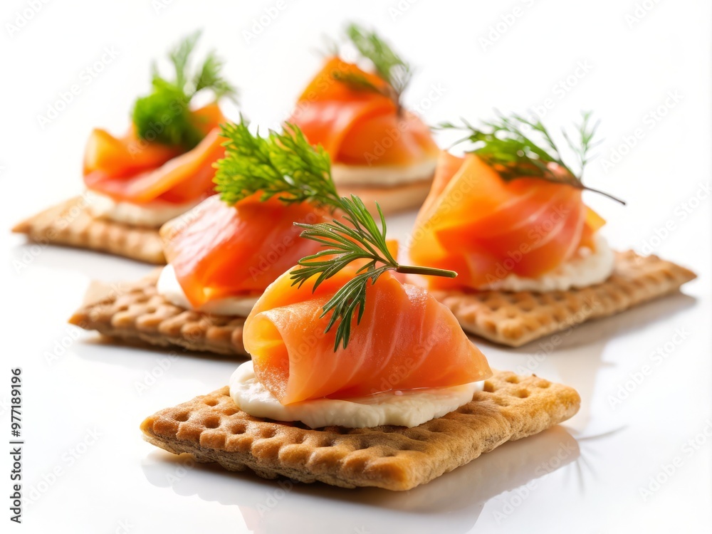 A delicate wave of smoked salmon slices, flowing from top to bottom, with a few scattered crackers adding texture, all set against a pristine white background. A delicate wave of smoked salmon slices, flowing from top to bottom, with a few scattered crackers adding texture, all set against a pristine white background.