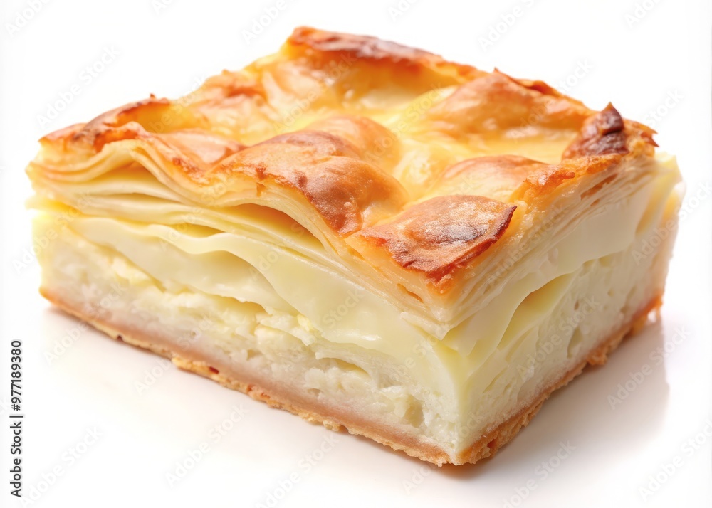 A custard pie made with filo dough and milk., isolated on white Background': A custard pie made with filo dough and milk., isolated on white Background':