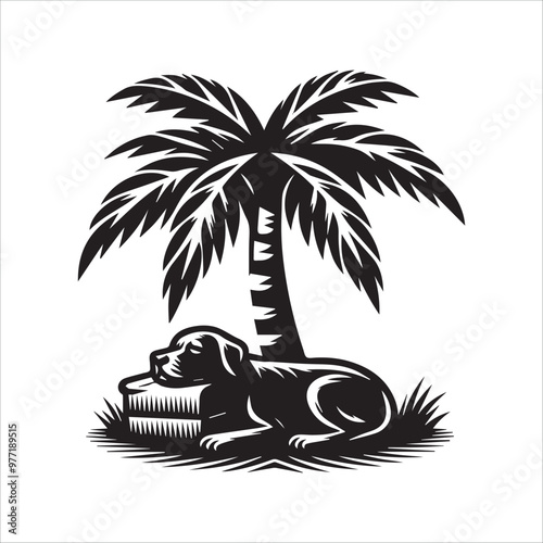 Dog chilling under palm tree vector illustration silhouette
