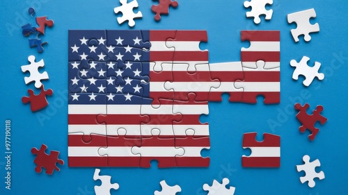 Puzzle made with the American flag, blue background photo