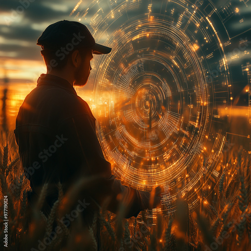 A man is standing in a field of tall grass, looking at a glowing circle in the sky. Concept of wonder and curiosity, as the man seems to be trying to understand the mysterious object in the sky