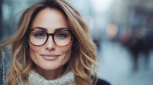 A chic woman wearing glasses smiles gently, adding a pleasant warmth to an otherwise cold urban background, highlighting a harmonious blend of style and energy.