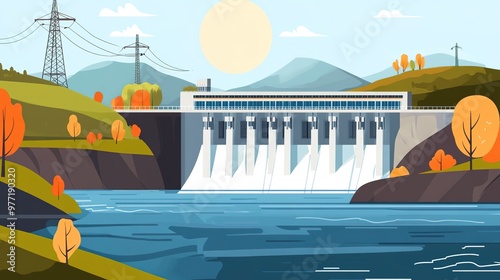 An impressive hydroelectric power station, showcasing the dam, turbines, and water flow, highlighting renewable energy production in a stunning natural landscape. photo