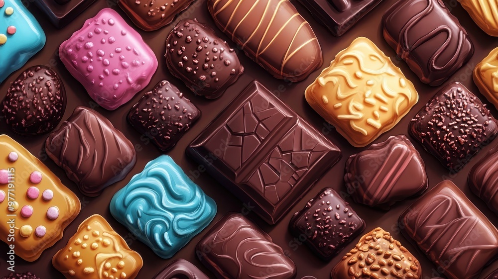 Chocolate illustrated in cartoon style with exaggerated features and playful, bold colors. Chocolate illustrated in cartoon style with exaggerated features and playful, bold colors.