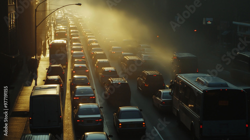 Exhaust fumes covering cars stuck in giant traffic jam at sunset photo