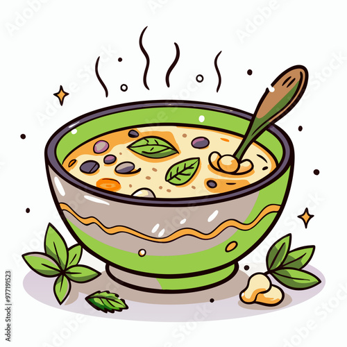 Steaming Bowl of Soup with Veggies Cartoon Illustration