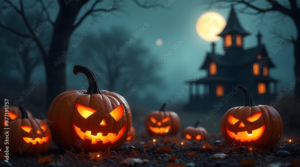 Halloween background with pumpkins, haunted house and full moon. Generative AI Halloween background with pumpkins, haunted house and full moon. Generative AI