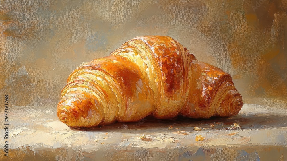 An elegant oil painting of a croissant, featuring rich colors and smooth, buttery textures. An elegant oil painting of a croissant, featuring rich colors and smooth, buttery textures.