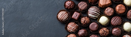 An assortment of gourmet chocolates arranged beautifully on a dark surface, perfect for dessert lovers and special occasions.