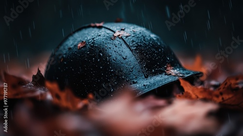 A World War II era helmet is seen resting on the ground, surrounded by wet autumn leaves and being lightly rained upon, evoking a sense of nostalgia and reflection. photo