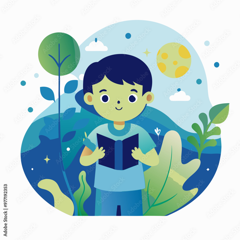 Boy reading a book outdoors, enjoying nature and learning Boy reading a book outdoors, enjoying nature and learning