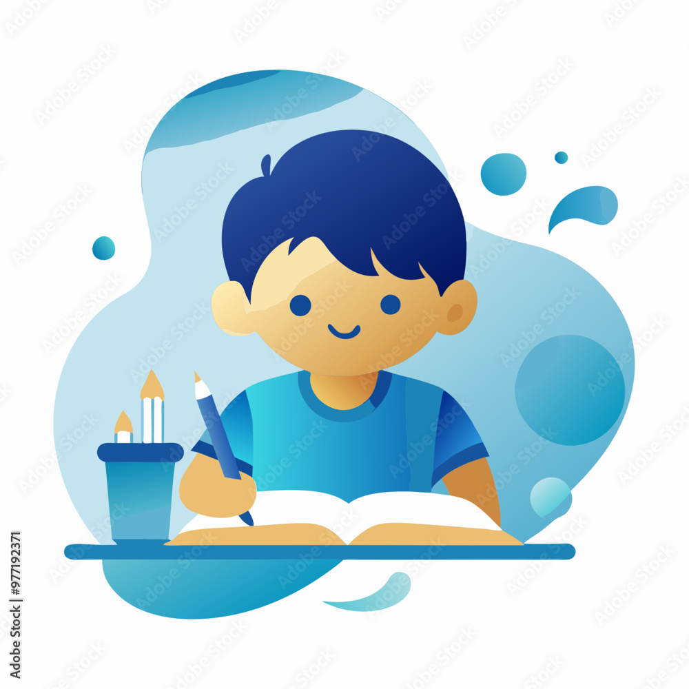 Smiling boy studying with his notebook and colored pencils Smiling boy studying with his notebook and colored pencils