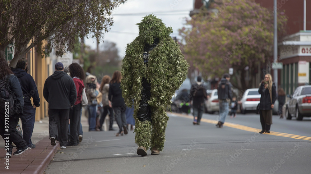 Person wearing a marijuana leaf ghillie suit walking down a crowded city street Person wearing a marijuana leaf ghillie suit walking down a crowded city street