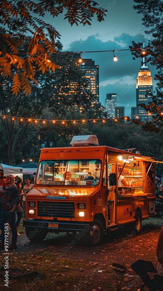 An orange food truck brightly lit to serve customers in an urban park during evening, with surrounding string lights making for a festive and inviting atmosphere. An orange food truck brightly lit to serve customers in an urban park during evening, with surrounding string lights making for a festive and inviting atmosphere.