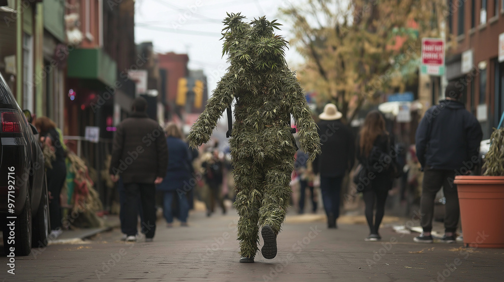 Person wearing a cannabis costume walking down a crowded city street Person wearing a cannabis costume walking down a crowded city street