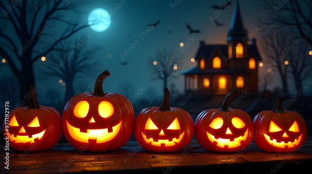 Halloween background with pumpkins, haunted house and full moon. Generative AI Halloween background with pumpkins, haunted house and full moon. Generative AI