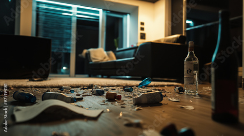 Living room trashed after party showing drug and alcohol addiction