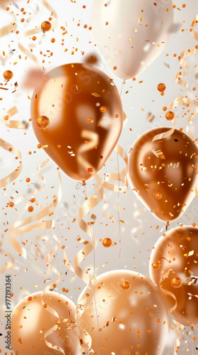 Balloons in gold and white hover in the air, surrounded by colorful confetti and ribbons, creating a joyful atmosphere for a festive occasion or party