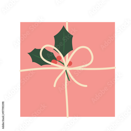 christmas present decorated with holly berry twig- vector illustration
