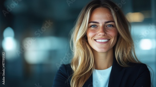 Wallpaper Mural A bright young woman with straight hair and a dark blazer smiles warmly in an office environment, symbolizing confidence and professionalism. Torontodigital.ca
