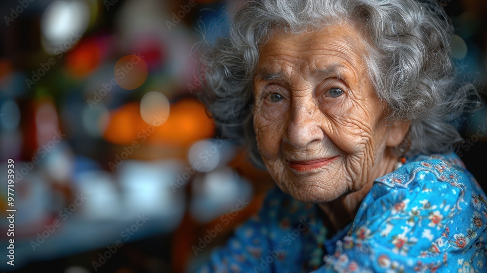Beautiful portrait of an elderly woman with grey curly hair and wisdom-filled eyes, captured in a warm and colorful indoor setting, showcasing the beauty of aging gracefully Beautiful portrait of an elderly woman with grey curly hair and wisdom-filled eyes, captured in a warm and colorful indoor setting, showcasing the beauty of aging gracefully