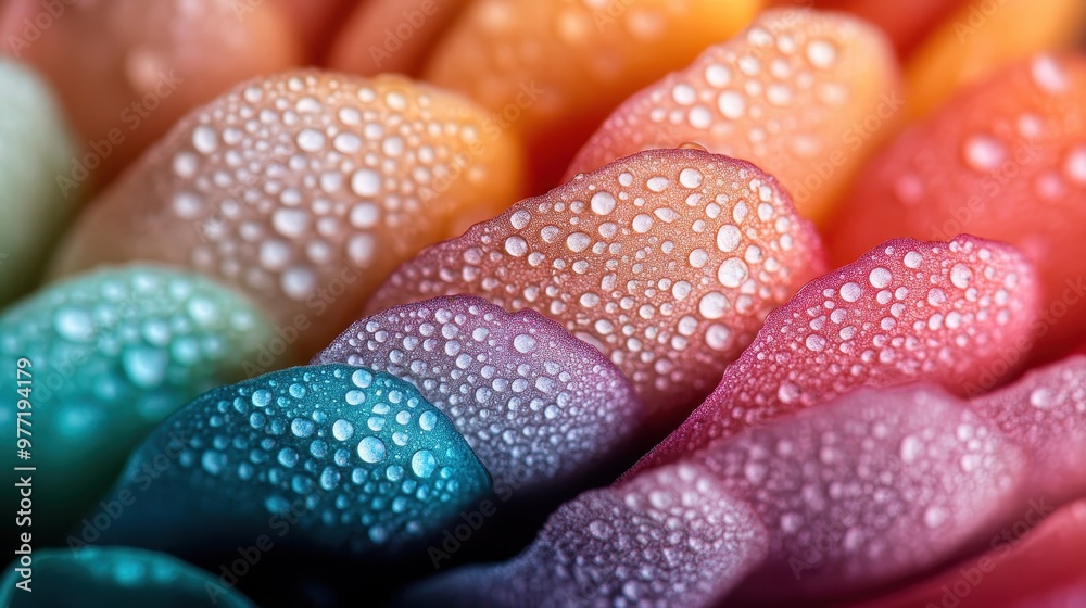 A stunning close-up shot showcasing an array of colorful petals, each delicately adorned with glistening dewdrops, creating a captivating and refreshing visual representation of morning dew. A stunning close-up shot showcasing an array of colorful petals, each delicately adorned with glistening dewdrops, creating a captivating and refreshing visual representation of morning dew.