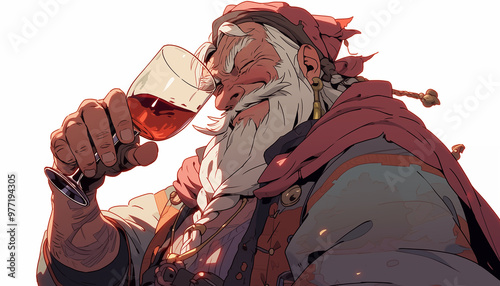 a pirate old man hold a wine wood glass , looks happy
