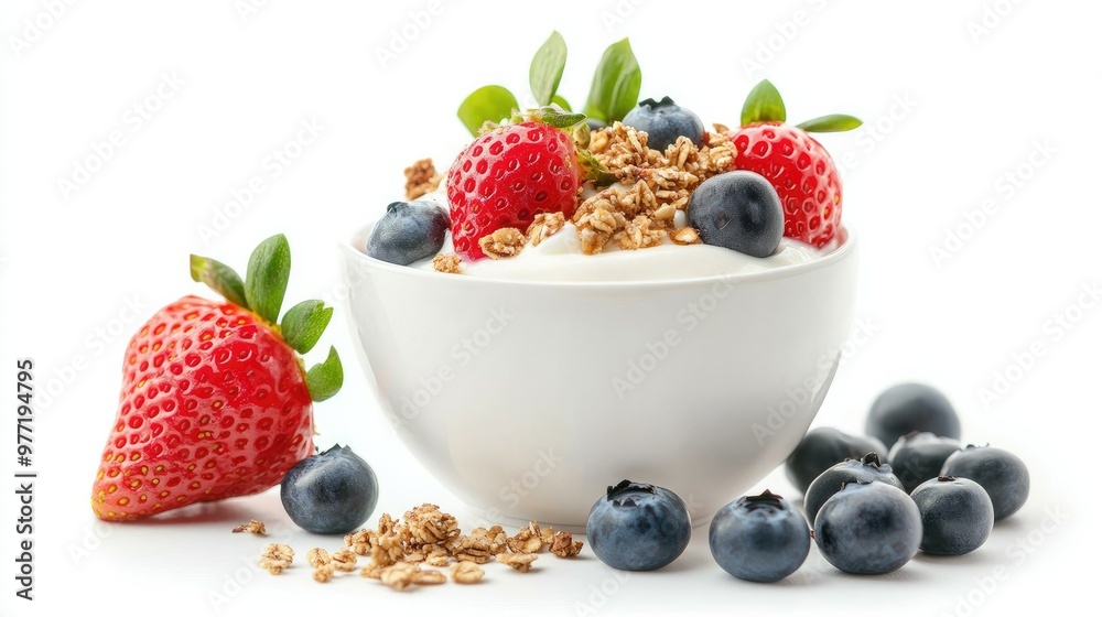 A beautifully arranged bowl of Greek yogurt with fresh strawberries, blueberries, and a sprinkle of granola, displayed on a white background for a balanced meal look A beautifully arranged bowl of Greek yogurt with fresh strawberries, blueberries, and a sprinkle of granola, displayed on a white background for a balanced meal look