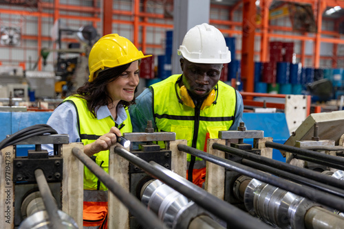 Female mechanical engineer is coaching and providing support to her trainee while examining the functions of metal machines in a factory. Teamwork between two engineers in a factory production plant photo