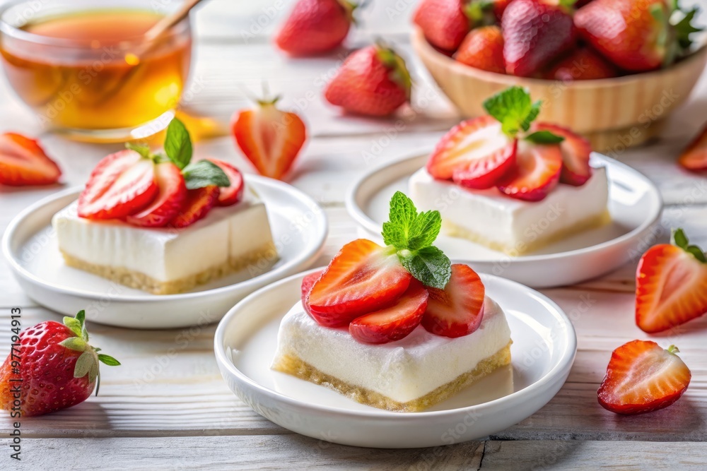 Tempting Banku treats topped with yogurt, honey, and sliced fresh strawberries on a clean white surface Tempting Banku treats topped with yogurt, honey, and sliced fresh strawberries on a clean white surface