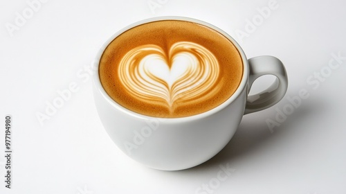 A beautifully crafted latte with heart-shaped foam art, set against a crisp white background for a simple, elegant look