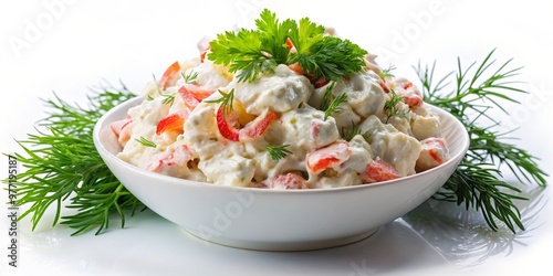 Freshly prepared crab salad with a dollop of creamy mayonnaise and a sprinkle of chopped fresh dill, arranged artfully on a pure white background, with soft, natural lighting.