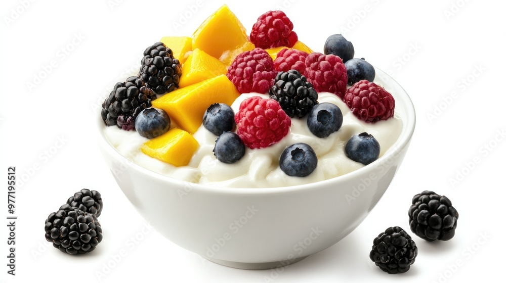 A bowl of Greek yogurt overflowing with colorful fresh fruit like blueberries, mango, and blackberries, set against a pure white background, symbolizing health and vitality A bowl of Greek yogurt overflowing with colorful fresh fruit like blueberries, mango, and blackberries, set against a pure white background, symbolizing health and vitality