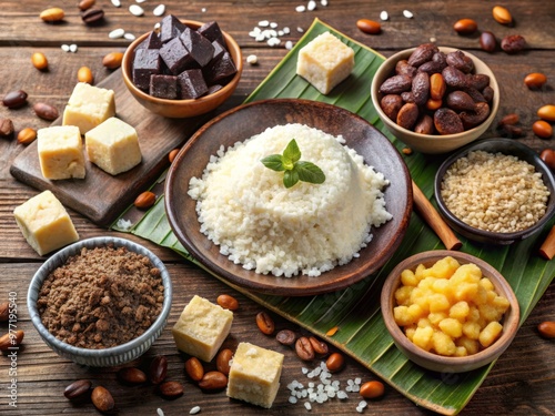 A single serving of Banku surrounded by an assortment of sweet toppings such as chocolate chips, chopped nuts, and shredded coconut