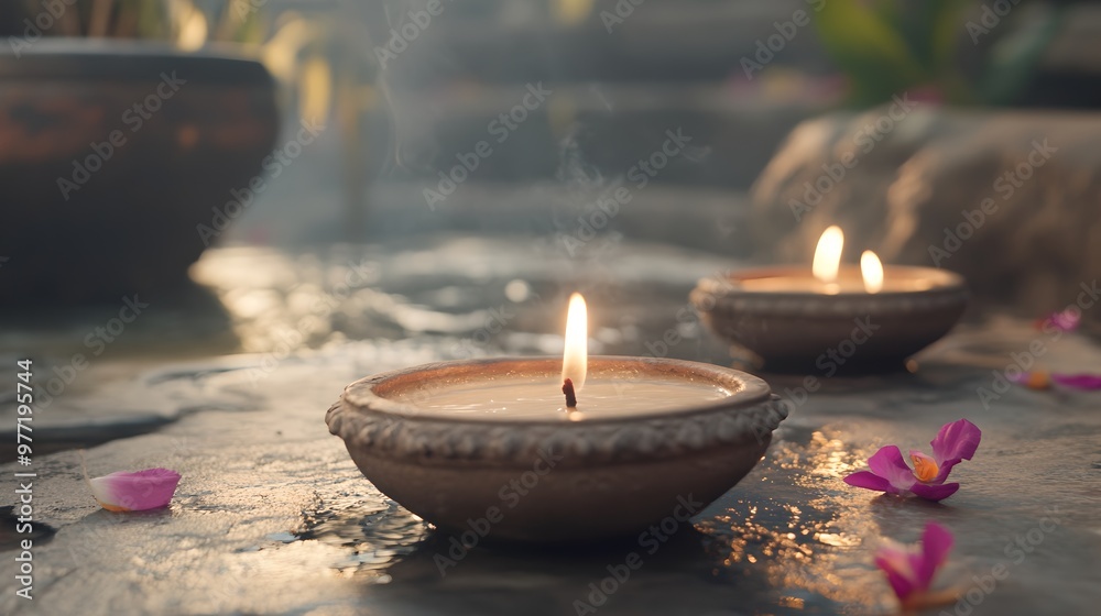 Bowls with lit candles and floating flowers. Tranquil and serene setting. Meditation and relaxation concept. Background for banner, flyer, poster, or spa advertisement with copy spac Bowls with lit candles and floating flowers. Tranquil and serene setting. Meditation and relaxation concept. Background for banner, flyer, poster, or spa advertisement with copy spac