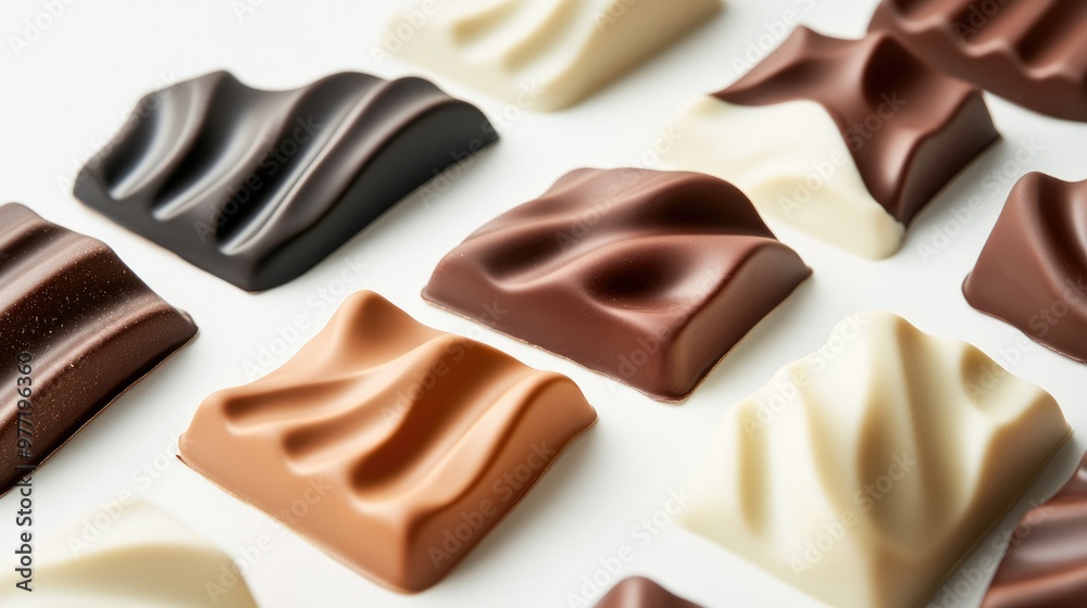 A close-up of uniquely shaped chocolates in modern, minimalistic packaging, displayed on a crisp white background A close-up of uniquely shaped chocolates in modern, minimalistic packaging, displayed on a crisp white background
