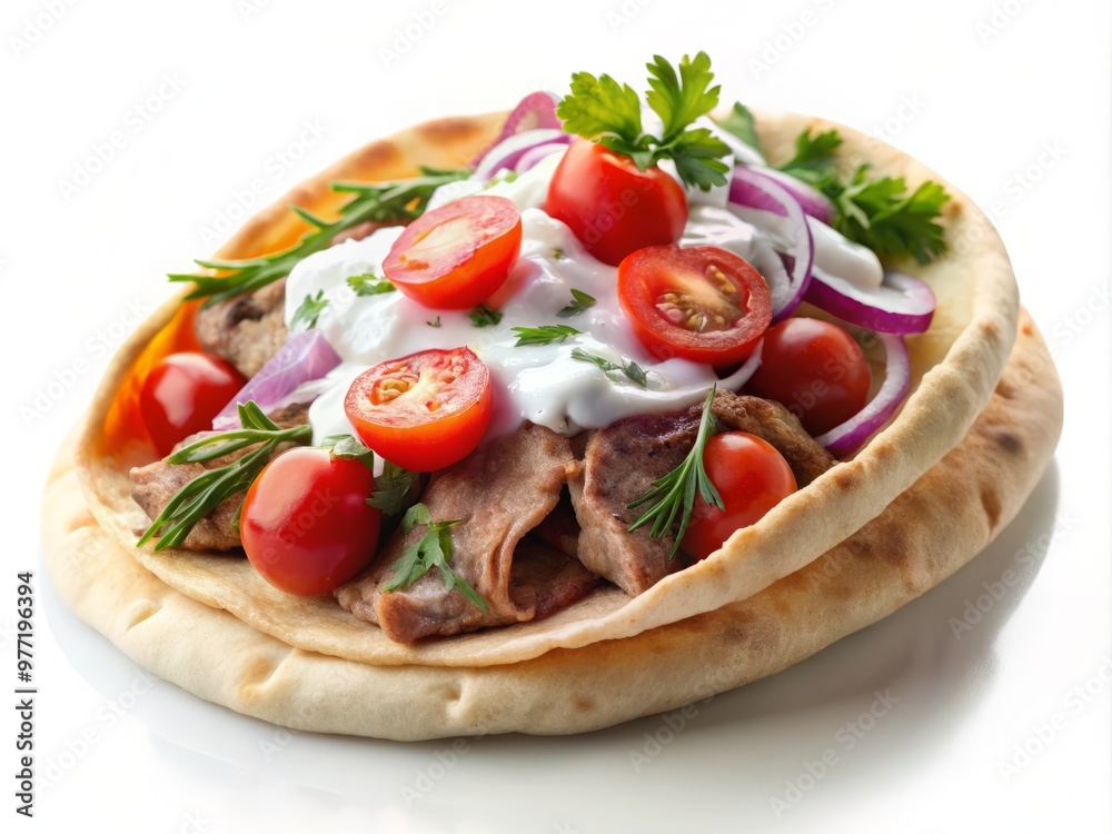 Soft pita bread overflowing with flavorful shaved meat, tangy tzatziki, ripe tomatoes, and sweet onions, presented in a simple yet appetizing composition on a white background. Soft pita bread overflowing with flavorful shaved meat, tangy tzatziki, ripe tomatoes, and sweet onions, presented in a simple yet appetizing composition on a white background.