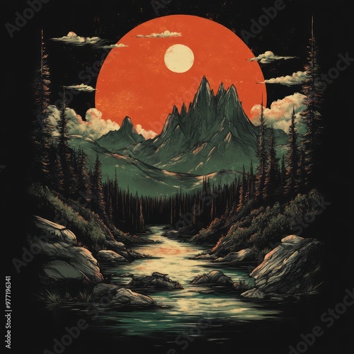 A serene landscape featuring mountains, a river, and a large sun.