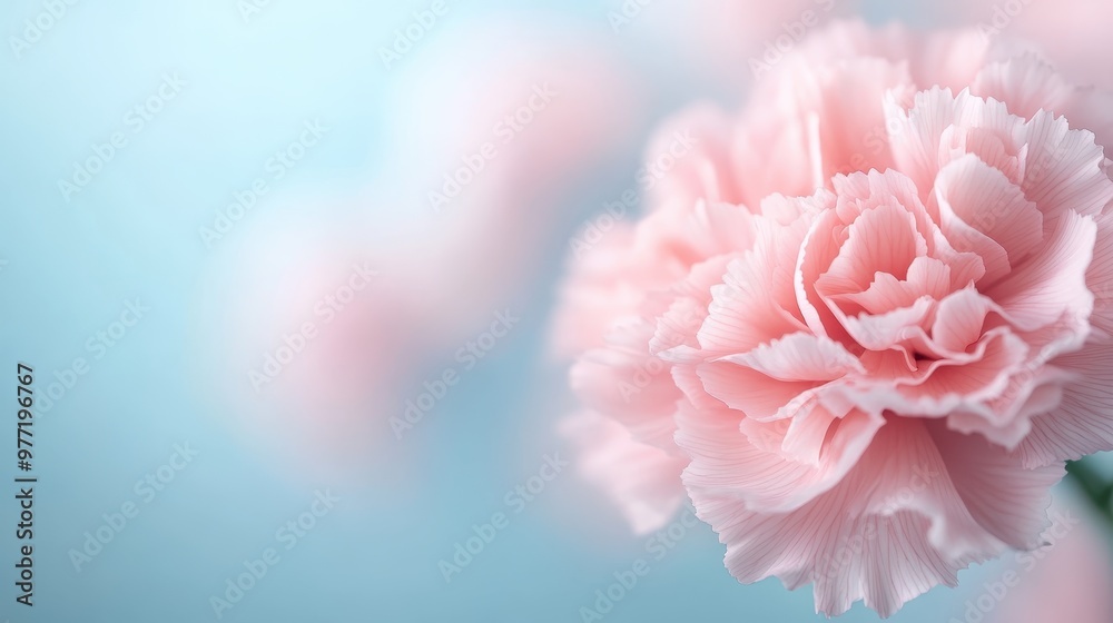 A close-up view of a delicate pink carnation flower with intricate details on its petals, set against a soft, pastel blue background, capturing its beauty in full bloom. A close-up view of a delicate pink carnation flower with intricate details on its petals, set against a soft, pastel blue background, capturing its beauty in full bloom.