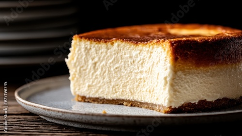 A rich and creamy slice of Basque burnt cheesecake with a dark, caramelized top, served on a rustic ceramic plate, highlighting the luscious texture and flavor contrast.