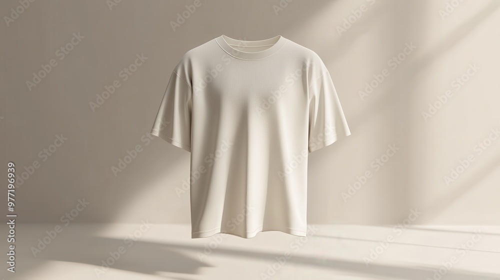 3D render of a plain white t-shirt, front view, floating in a minimalistic studio, soft shadows 3D render of a plain white t-shirt, front view, floating in a minimalistic studio, soft shadows