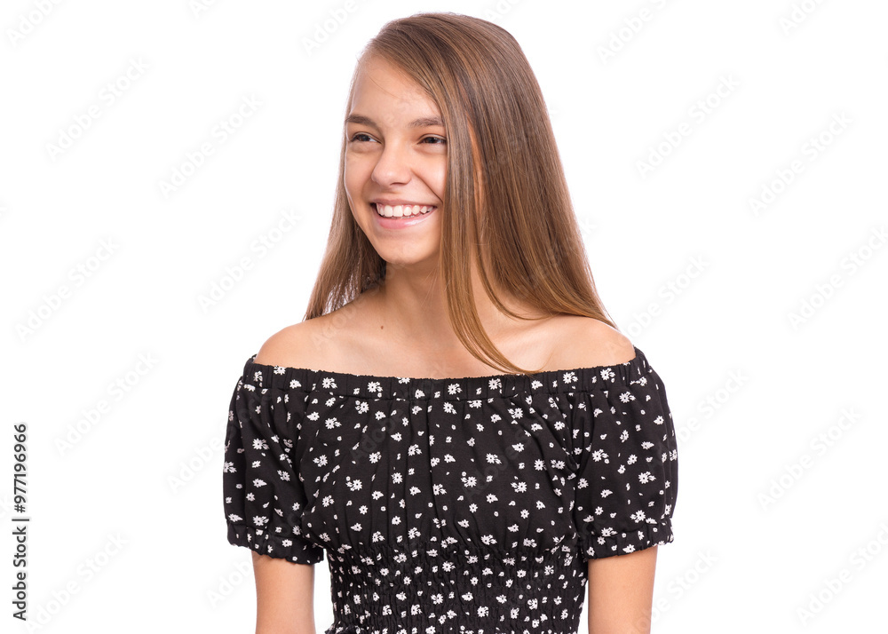 Beautiful teen girl smiling and looking away. Portrait of young pretty funny child, isolated on white background. Young happy teenager posing in studio. Beautiful teen girl smiling and looking away. Portrait of young pretty funny child, isolated on white background. Young happy teenager posing in studio.