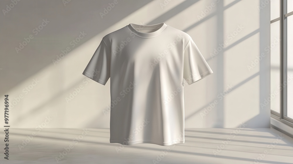 3D render of a plain white t-shirt, front view, floating in a minimalistic studio, soft shadows 3D render of a plain white t-shirt, front view, floating in a minimalistic studio, soft shadows