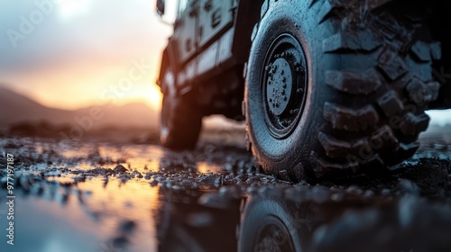 Close-up of a rugged off-road vehicle tire navigating through muddy terrain at sunset, showcasing the vehicle's resilience and the challenging environment. photo