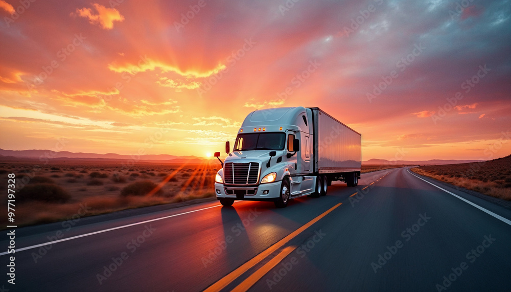 Obraz premium White trailer truck on empty roads at sunset with light trails, ideal for ads or promotions.