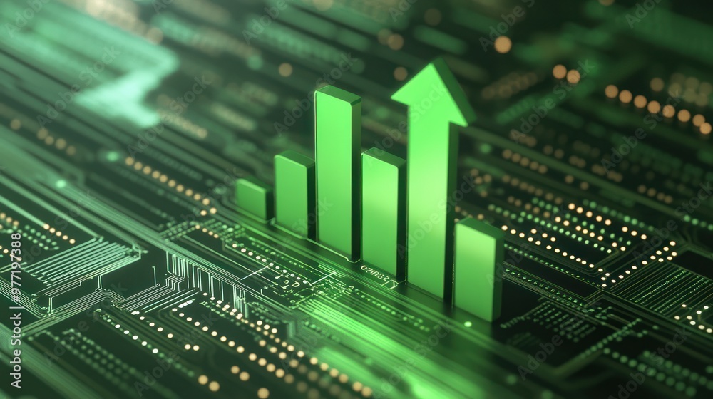 Green Arrow Chart on Circuit Board: Upward Trend Green Arrow Chart on Circuit Board: Upward Trend