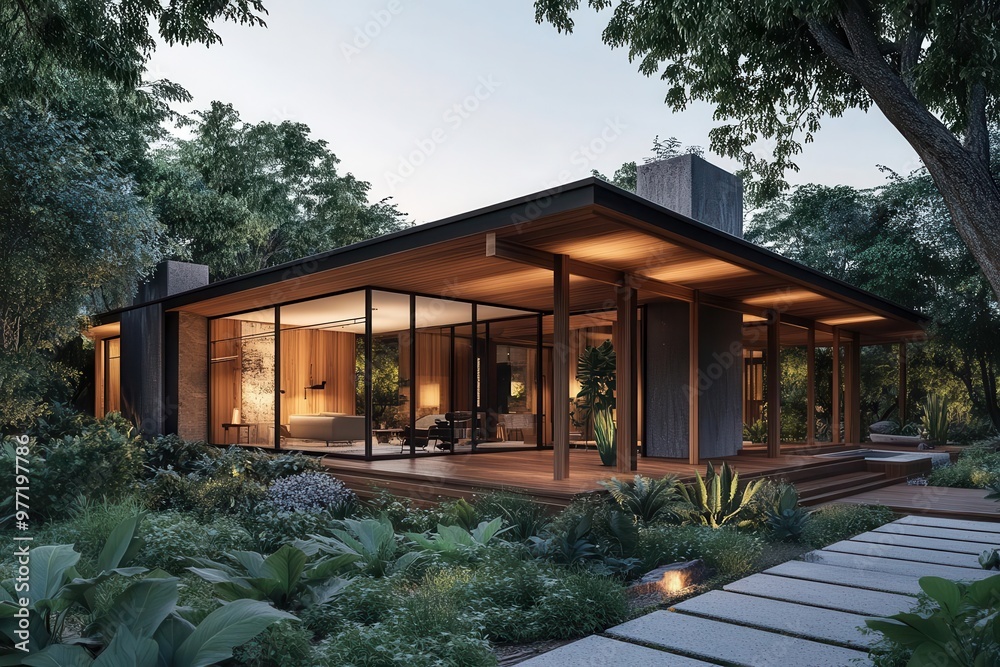 CG 3D rendering of a midcentury modern house from a worms-eye perspective, detailed teak trim, dramatic lighting accentuating structure, lush garden surrounds CG 3D rendering of a midcentury modern house from a worms-eye perspective, detailed teak trim, dramatic lighting accentuating structure, lush garden surrounds